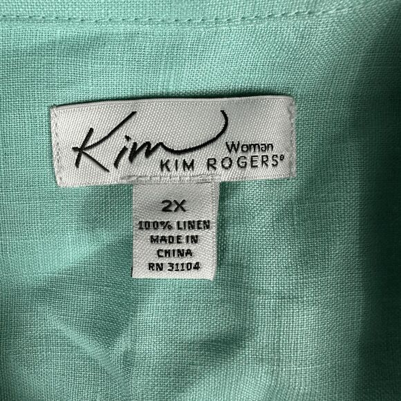 Kim Rogers Womens Linen Button Up Shirt 2X Light Blue Green Roll Tab Long Sleeve - Picture 12 of 14